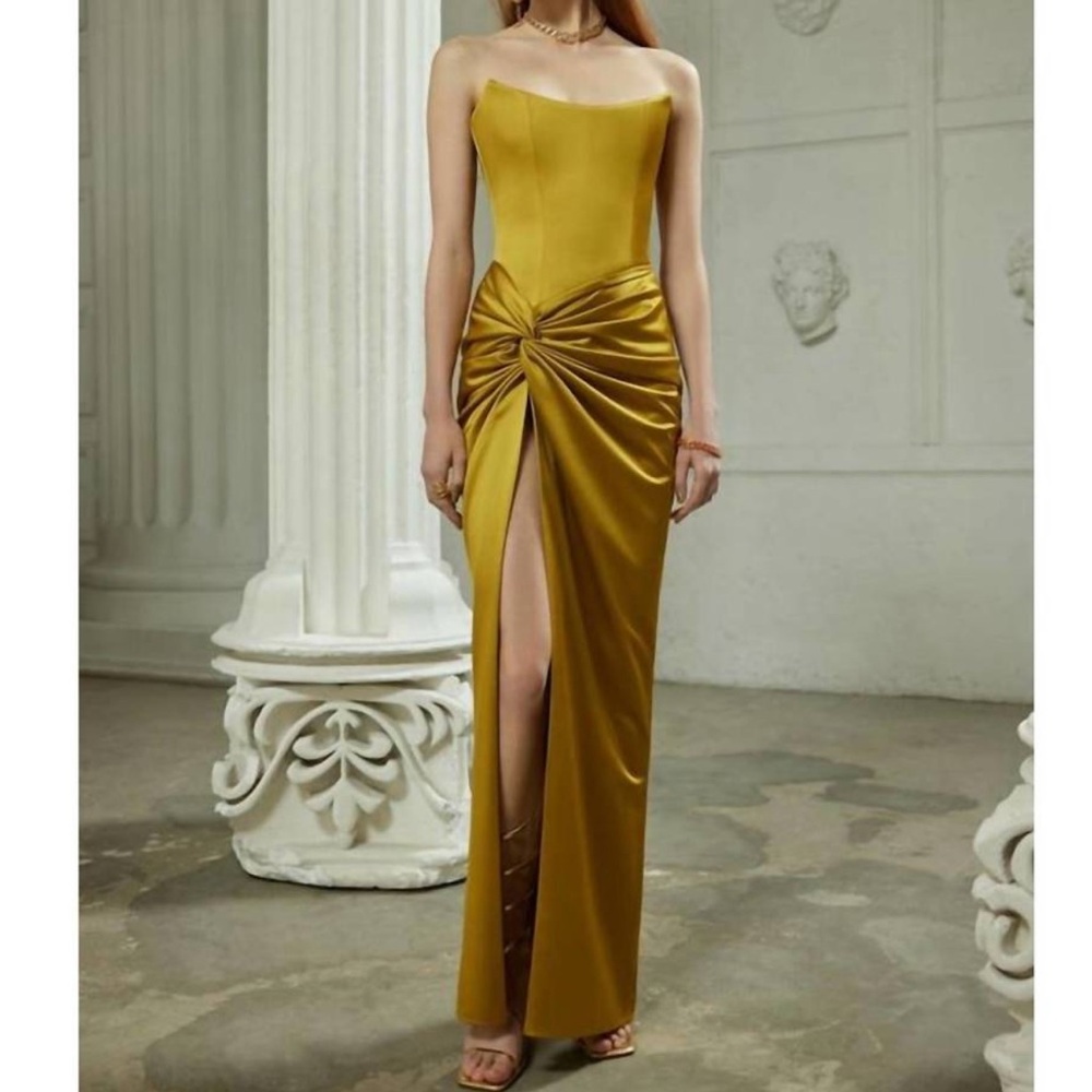 Rasario: Satin Corset Maxi dress with draped skirt